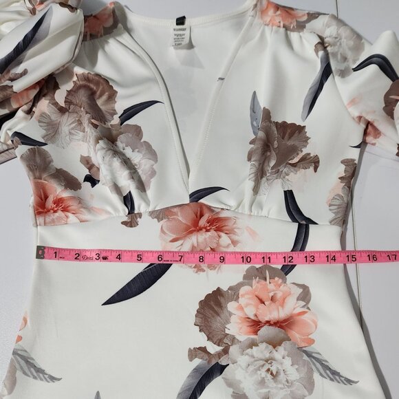 KTOO White Floral Printed Body Con Cocktail Dress with Puffy Sleeves Size L - Picture 8 of 12